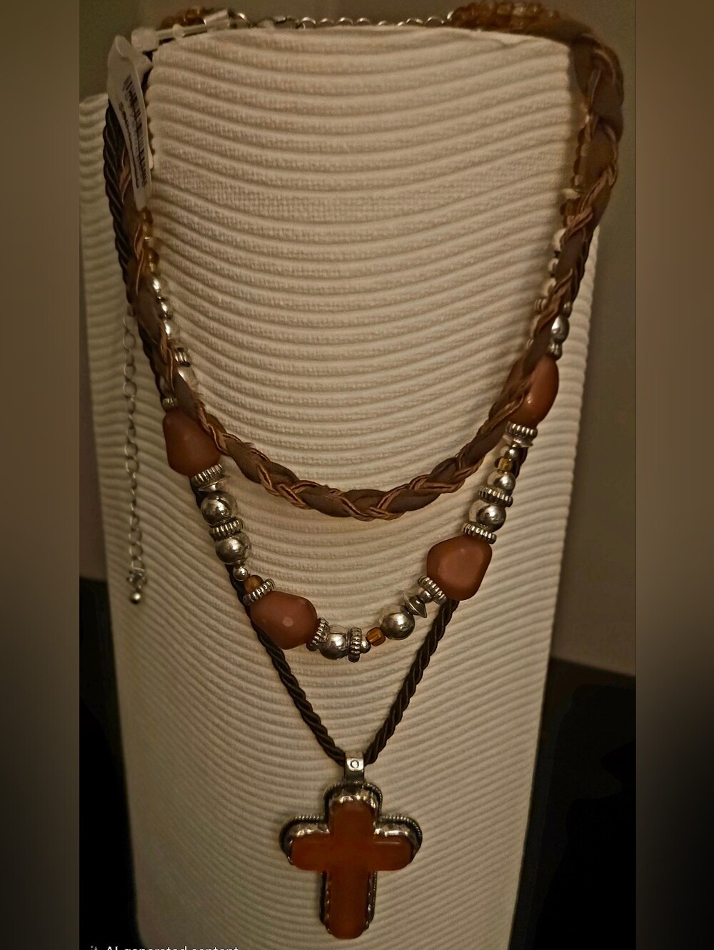 Free People Brown Bead Layered Cross Necklace